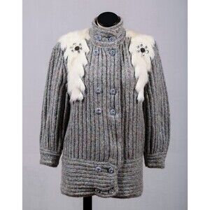 Samode Gray Tweed Wool? Fur Shoulder Double Breasted Cardigan Sweater 38" Bust
